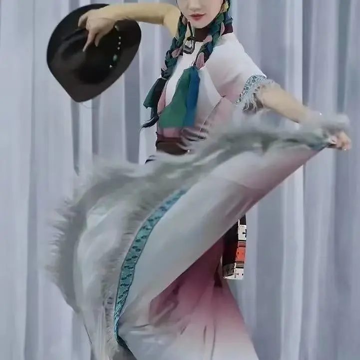 التبتية Tsering Lhaso أداء الرقص زي العرقية طالبة الفن امتحان الرقص ممارسة الرقص نصف طول تنورة الرقص #2