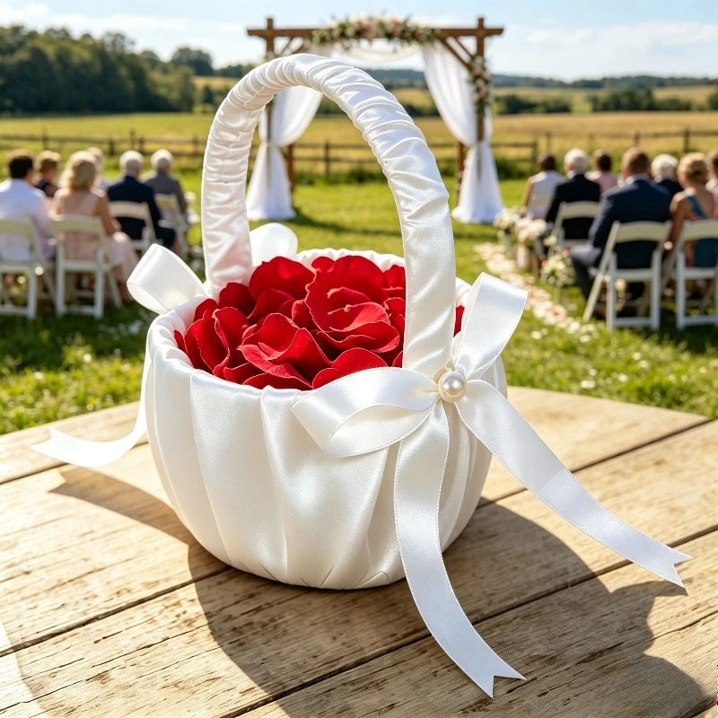 2Pcs White Round Flower Girl Basket Elegant Pearl Bow for Wedding Birthday Decorations Bridesmaid Centerpiece Gift Decor