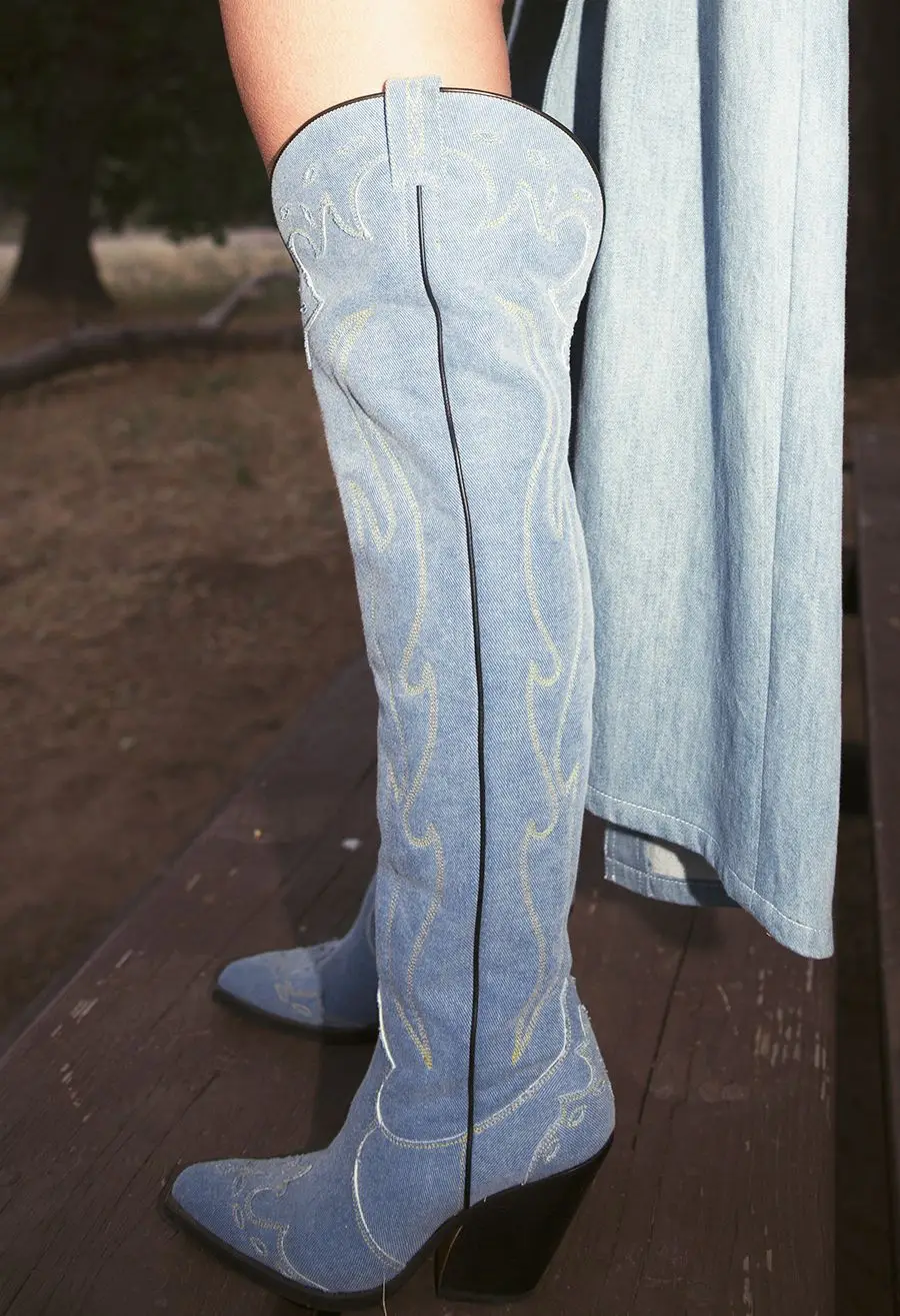 

Denim Blue Pointed Toe Over-The-Knee Boots Large-Size Fashion Botas Femininas Thick Heel One-Foot Slip-On Women's Botines