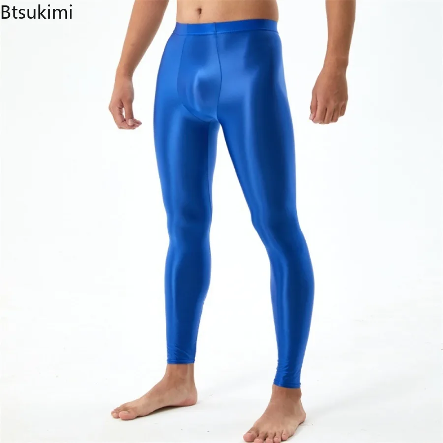 

New Men's Breathable Tights Pants Oil Shiny Smooth High Stretchy Casual Leggings Men Gym Workout Fitness Pants Solid Long Jonhs