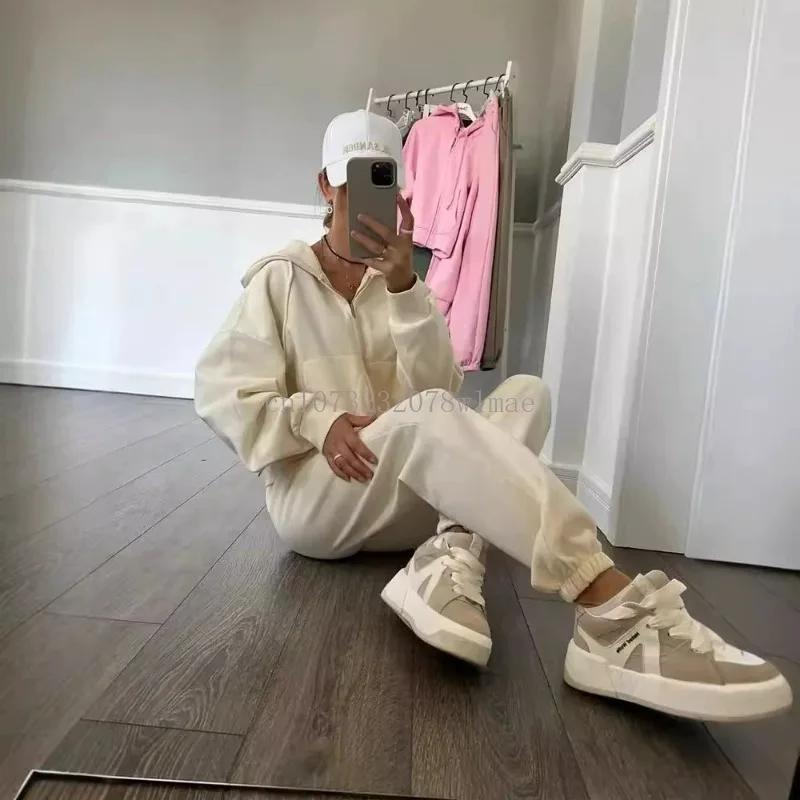 

Women's Casual Solid Tracksuit with Zipper and Trousers Autumn Two Piece Set Long Sleeve Hooded Cardigan Lastic Waist Pants Suit