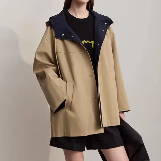 

Женское пальто SuperAen оверсайз с капюшоном, контрастными вставками и пэчворком, весна 2026, новинка в корейском стиле, свободный крой