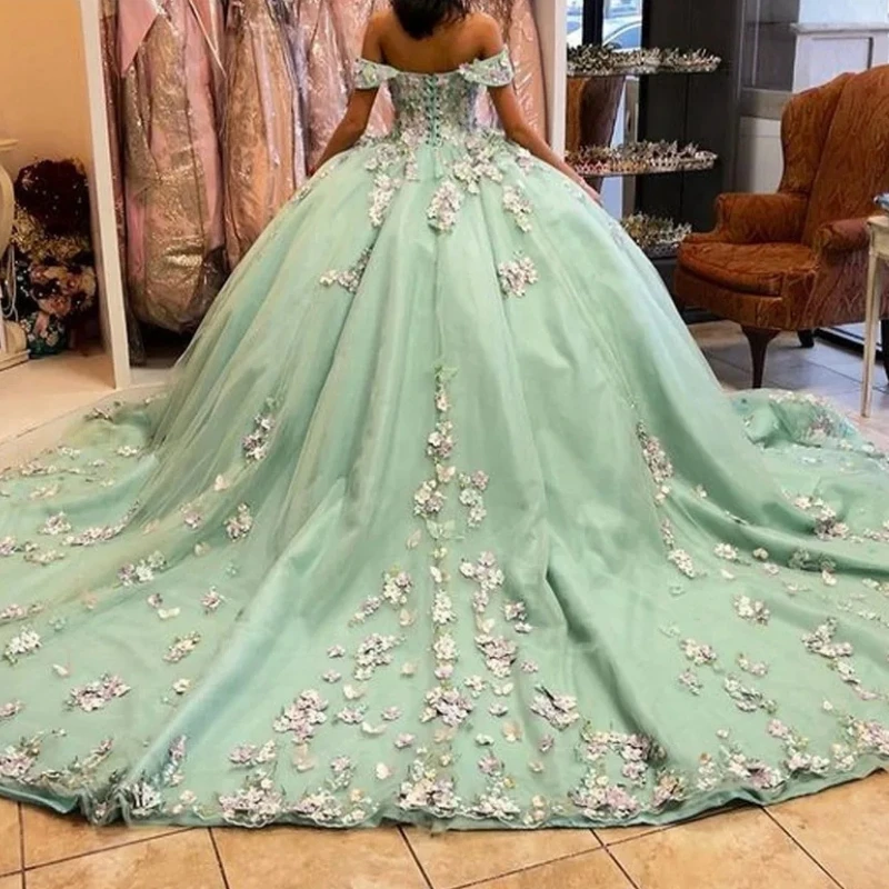 

Charming Mint Green Flower Birthday Party Dresses For 16th Girl Off Shoulder Corset Ball Gown Vestido De 15 Quinceaenra Dress 16