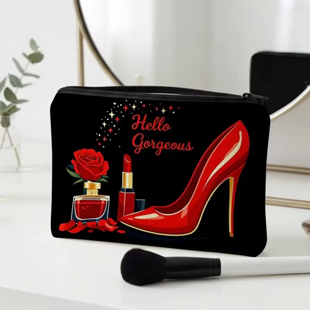 Hello Gorgeous Cosmetic Bag Red High‑Heel Rose Lipstick Perfume Print Canvas Zipper Pouch Portable Travel Makeup Storage Bag