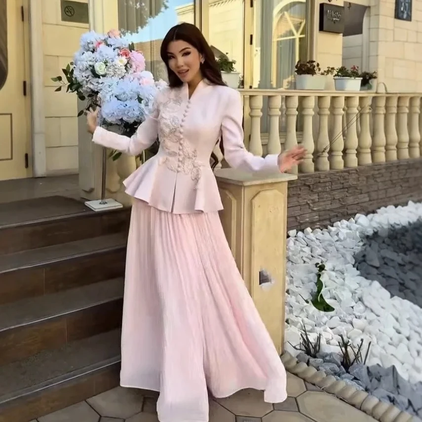 Muslim Two Piece Sets Women Skirt Set Full Sleeve Tops Floral Embroidery Pleated Skirts A Line Y2k Dubai Work Vintage 2026