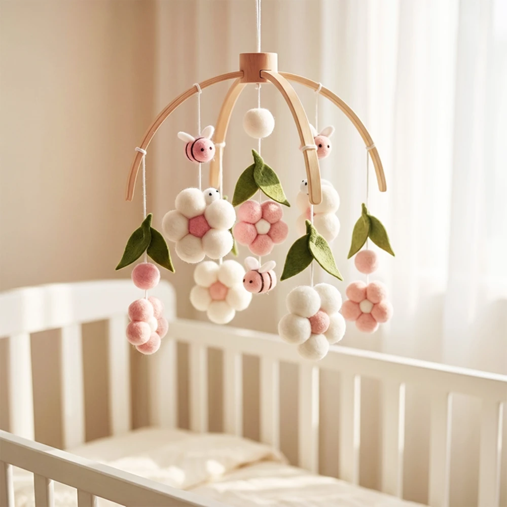 Wooden Pink Bee Flower Crib Mobile Hanging Bed Bell Rattle Toy Visual Tracking Auditory Sensory Training Toy Infant Nursery Gift