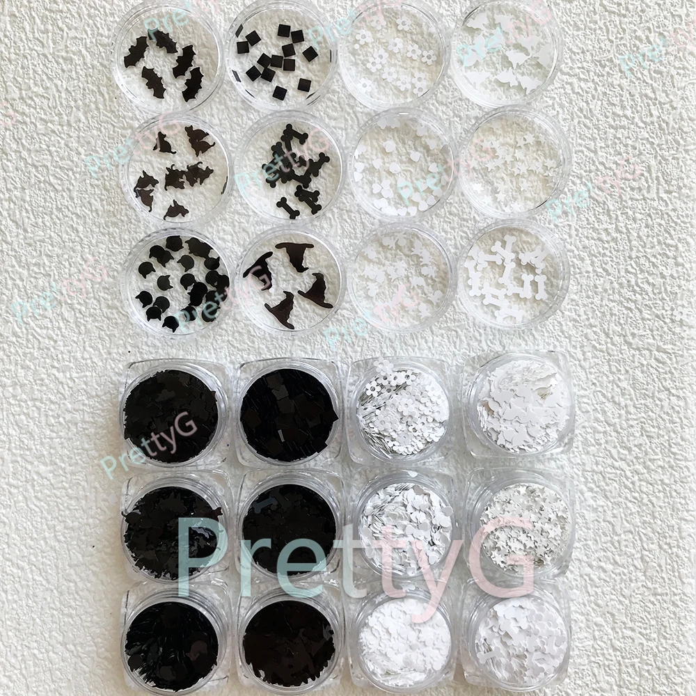 PrettyG 12-Farben-Set für Halloween, glitzernde Form, Skelett, Fledermaus, Katzenknochen, Hexenhut, glitzernde Pailletten für DIY-Gel-Nagelkunst-Dekoration