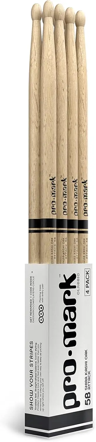 

5B Oak Drumsticks with Oval Wood Tip, 16" Length, 0.590" Diameter, 4-Pack
