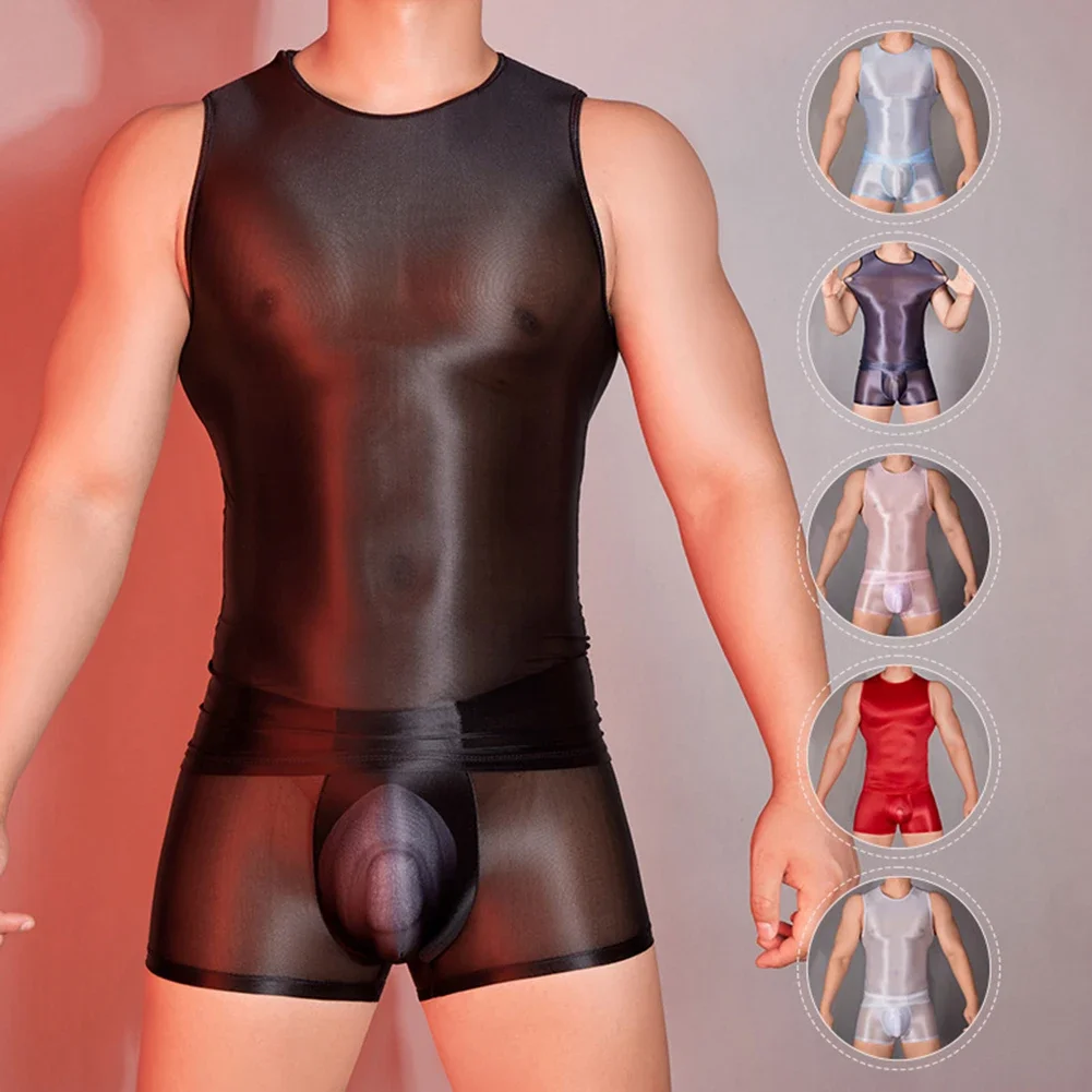 Mens Sexy Sheer Oil Shiny Glossy Top Stretchy Underwear Vest See Through Vast Fitness Round Neck Vest Erotic Tops Gay Fetish