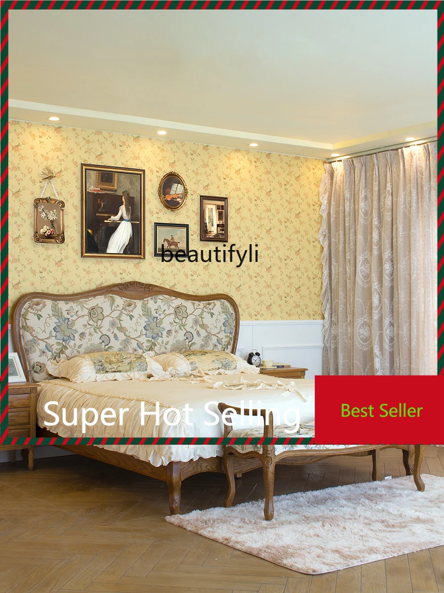 

M71 American-Style Solid Wood Oak Soft Bag Vintage Jacquard Fabric Bed Second Bedroom Single Master Bedroom Double Bed