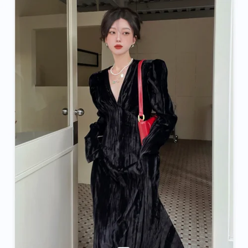 벨벳 드레스 여성용 가을 겨울 빅사이즈 슬림핏 커버벨벳 드레스 벨벳 원피스 드레스 원피스 여성용 드레스 드레스