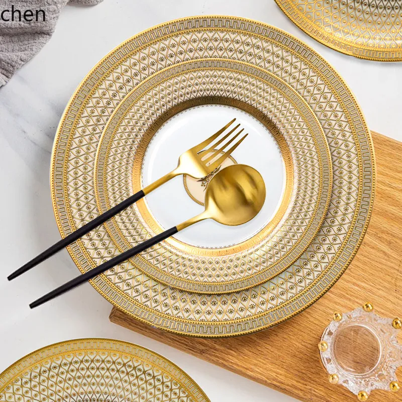 YFY  bone china dinnerware set - luxury housewarming gift, premium european style ceramic with gold embossed design