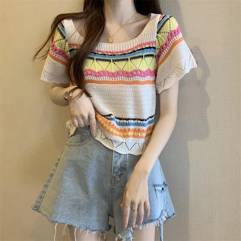 

Short Sleeve T-shirt Women Summer Thin Section Hollow Ice Silk Knit Sunscreen Coverall Korean Loose Tops Rainbow Stripes