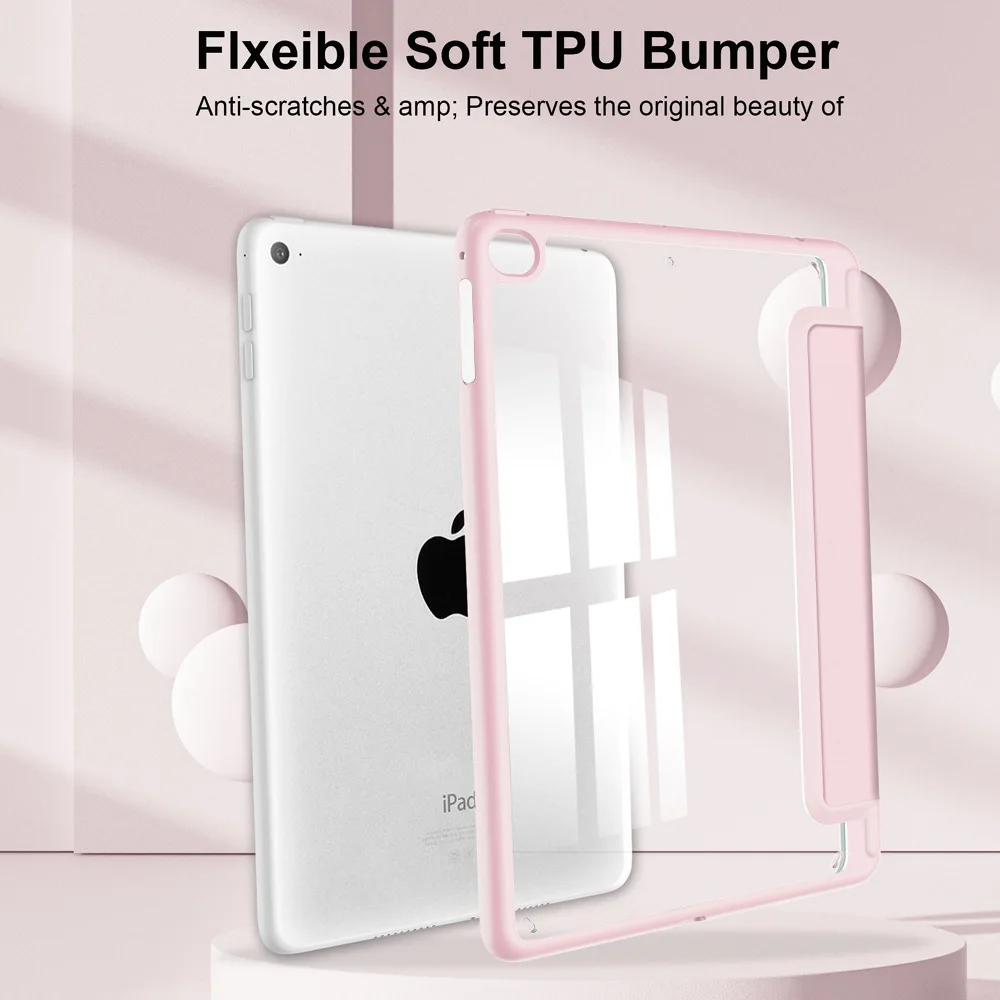 Stand Case for iPad Air 1st/2nd iPad 6th 2018/5th 2017, Tri-fold Soft TPU Shell Clear Acrylic Protective Cases with Pen Slot