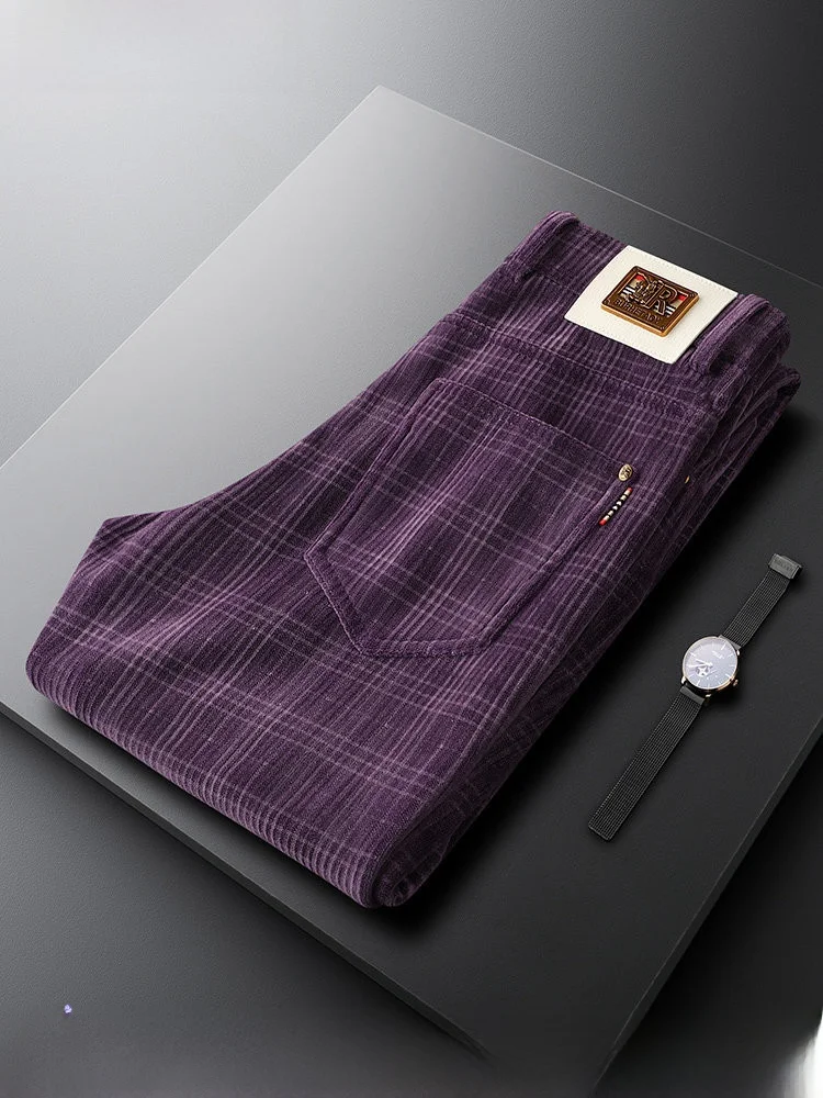 

Plaid Corduroy Pants Men's Slim Straight Leg Thi Autumn Winter Patterned Casual Trousers Faionable Youth Sle