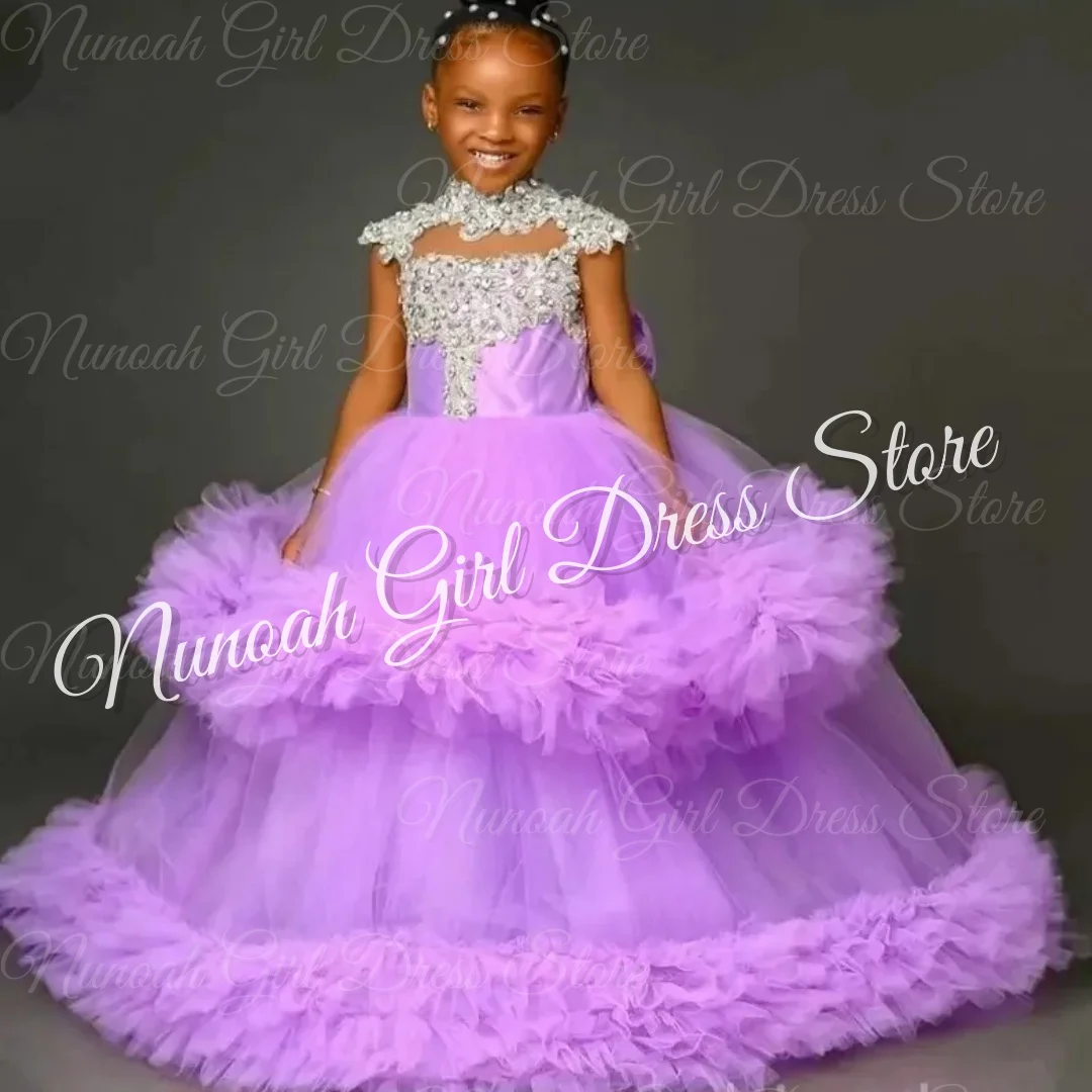 

Lavender Flower Girl Dresses for Wedding Lace Appliques Floor Length Girl Birthday Party Gowns First Communion Gowns Customized