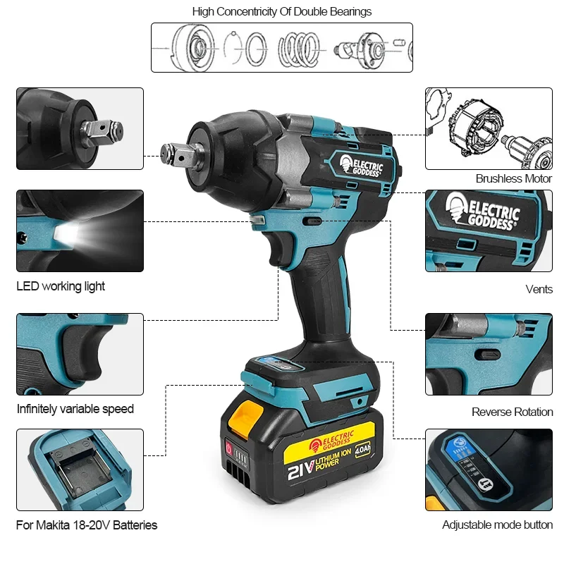 Déesse électrique DTW700, sans balais, couple élevé, anti-choc, 1/2 pouces, multifonctionnel, maison, outils électriques industriels pour Makita 18V