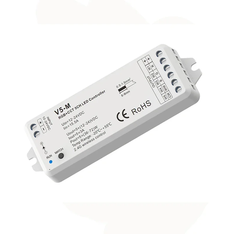 Led RGBCCT Strip Controller 2.4G RF Remote Wireless 4A 5 Channel Output DC12V-24V 4 Zones RGB CCT String Ribbon Control Use