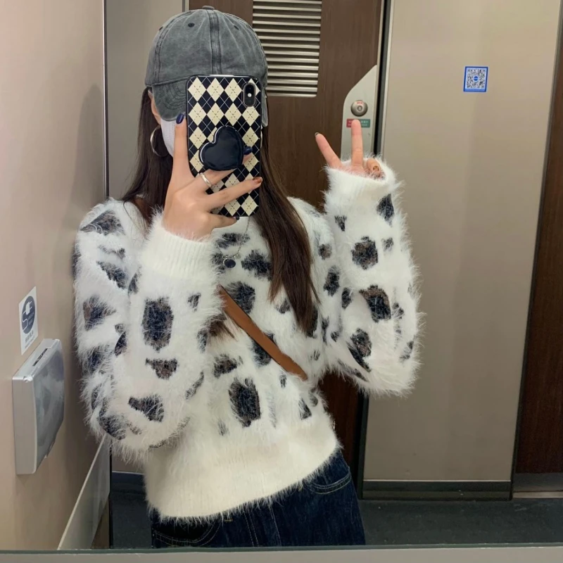 Leopard Sweaters Women Fluffy American Style High Street Hip Hop O-neck Autumn Winter Versatile Vitality Loose Popular Fashion