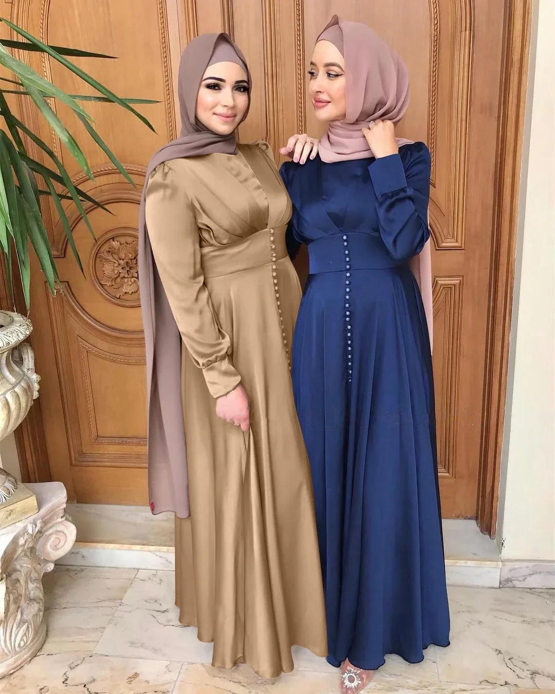 New Muslim Women's Long Dress Elegant Satin Pearling Summer Outfit Cross-Border Middle East Style Abaya Kaftan