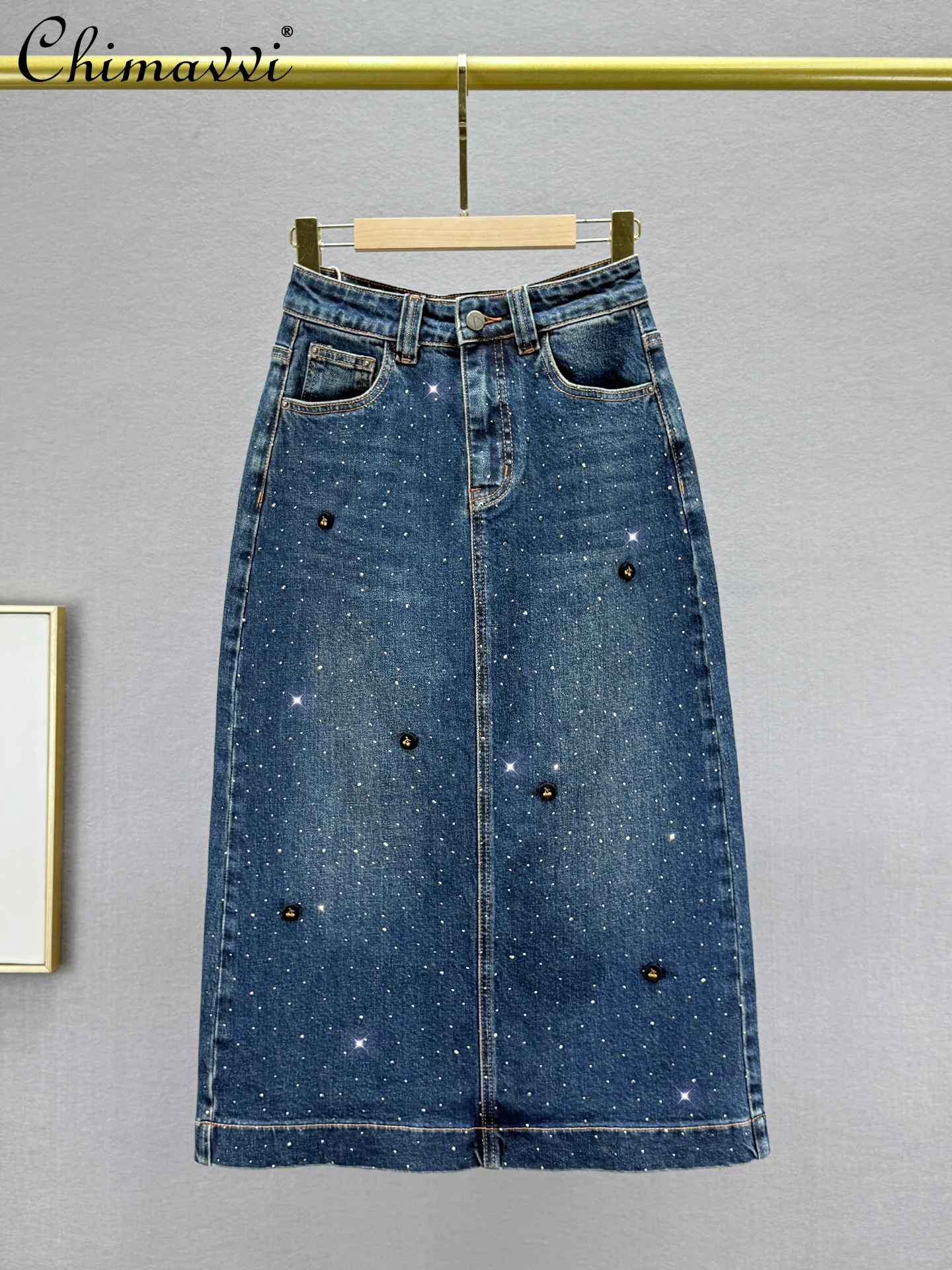 

Fashion A-line Denim Skirt for Women 2025 Autumn New High Waist Loose Slimming European Style Rhinestone Mid-length Skirts