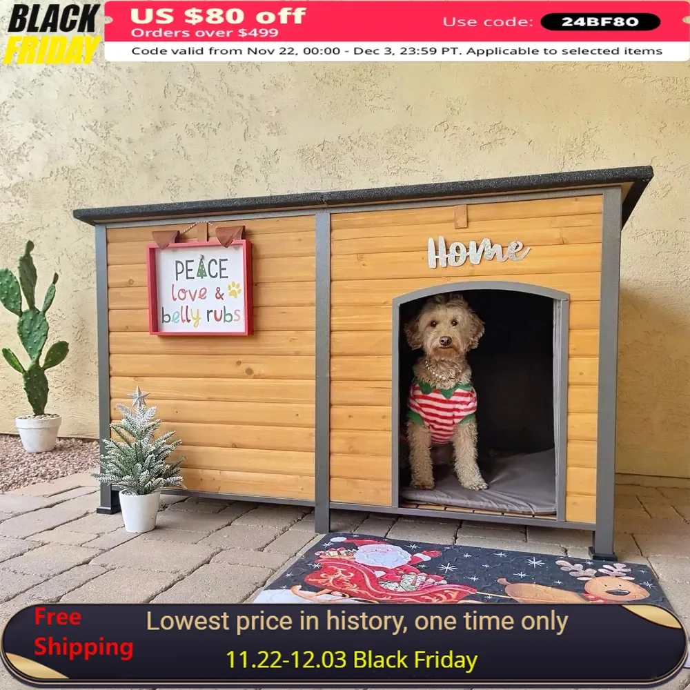 Outdoor Dog House, 59” Extra Large Insulated Dog Kennel with Insulated Lining, All Around Iron Frame,Wooden Dogs House Furniture