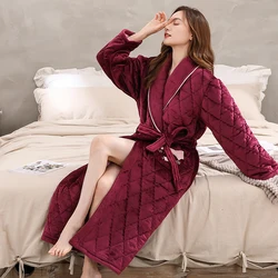 Winter Coral Fleece 3 Layers Quilted Bathrobe Big Yards Women Pajamas Female Nightgowns Flannel Warm Robe Sleepwear Womens Robes