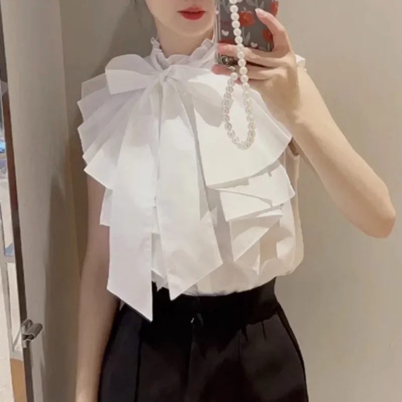 Cascading Ruffle Bandage Bow Blusas Mujer Japanese Stand Collar Pleated Shirts Blouses Sleeveless Camisas Summer Shirt Tops