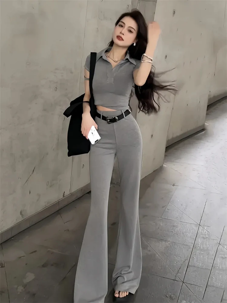 Summer Slim Fashion Two Piece Sets Short Sleeve Cropped Tops Conjunto High Waist Flare Pants Suit Women Casual Strecth Ensemble