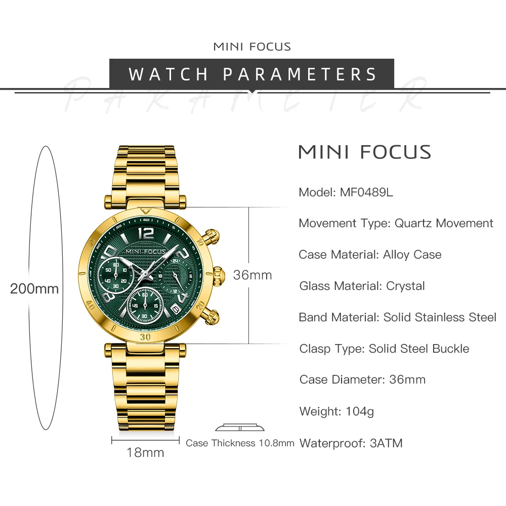 MINI FOCUS Luxury Quartz Men and Women Watches Waterproof Gold Stainless Steel Date Clock His or Her Watch Gift