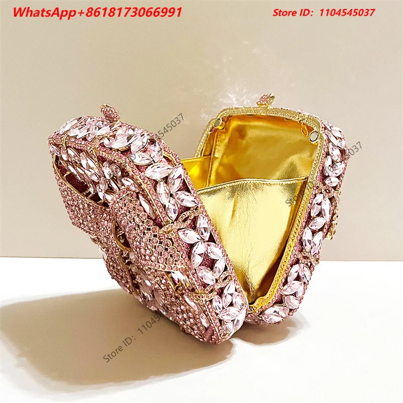 Butterfly bow gift box inlaid with diamonds, high-end rhinestone hand-held small square bag, shoulder crossbody bag