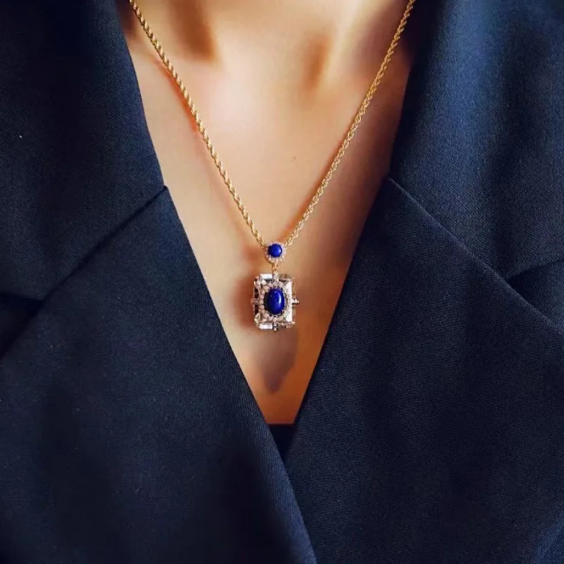 Collana di lapislazzuli di lusso leggero per le donne ciondolo quadrato di cristallo bianco 925 argento Design originale gioielli a catena clavicola blu