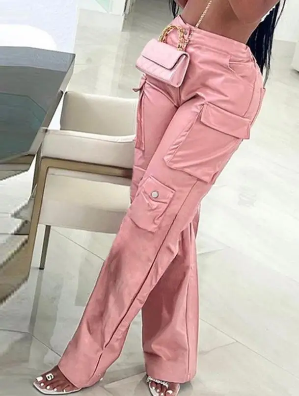 Pink Cargo Pants for Women 2024 Spring Straight Leg Solid Multi-Pocket Design High Waist Pu Leather Loose Baggy Pants Streetwear