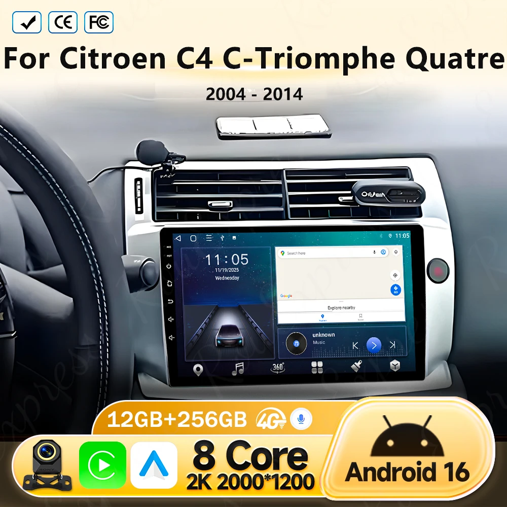 

Android 16 Carplay Car Radio For Citroen C4 C-Triomphe Quatre 2004 - 2014 Navigation GPS Multimedia Player Stereo WiFi 4G DSP BT