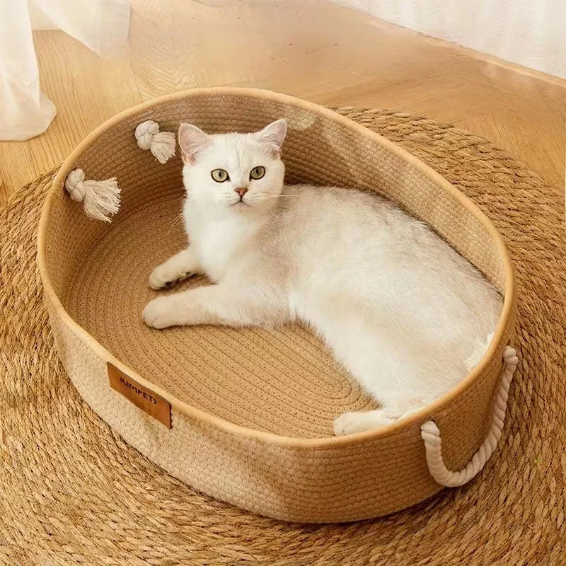 OUZEY Pet Cat Bed Hand Rattan Woven Cat Beds Comfortable Sleeping Wear-Resistant and Sratch-Resistant Cat Nesk Kitten Baskets