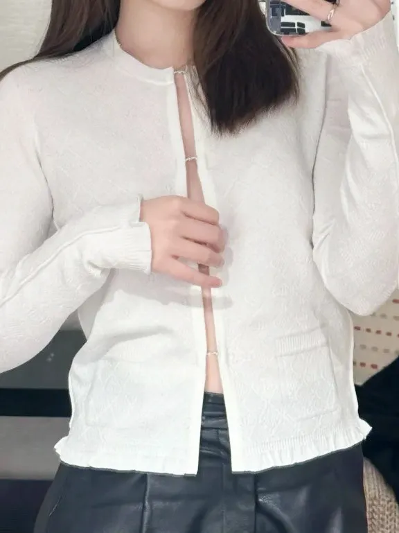2026 Spring Autumn New Women Crochet Knit Cardigan Argyle Hollow Out Layered Short Crop Top Sweater Jacket Outerwear