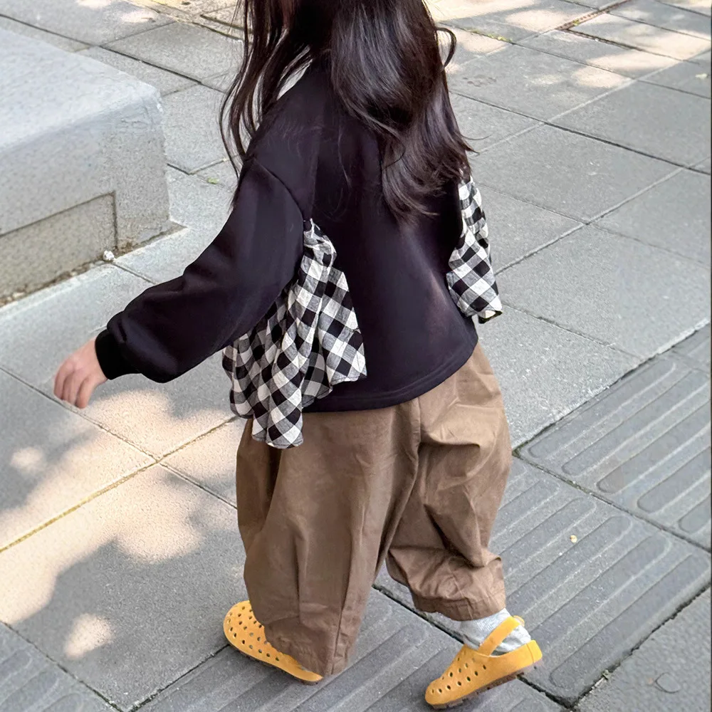 

Girls plaid sweater 2025 autumn new Korean version children's plaid splicing sweater casual loose and comfortable children's top