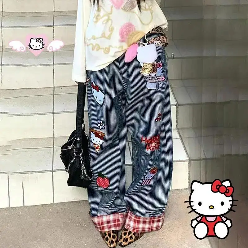 New Hello Kitty Jeans Women's Letter Embroidered Cowboy Pants Fashion Striped High Waist Wide Leg Pants Girls' Loose Pants ﻿