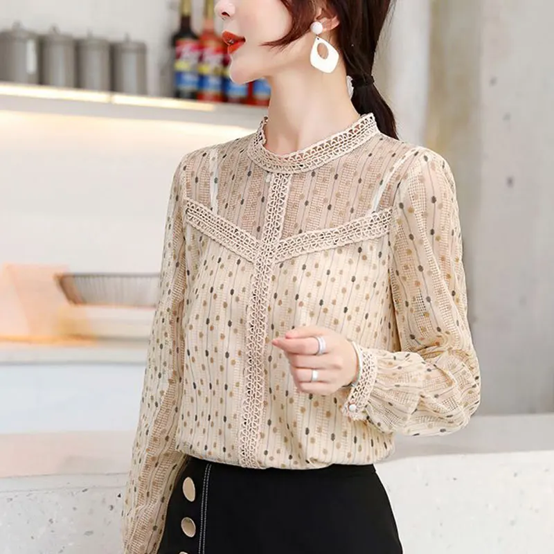 Women Lace Patchwork O-Neck Long Sleeve Shirts Temperament Casual Tops Simplicity Office Clothes Lady Autumn New Style Fashion