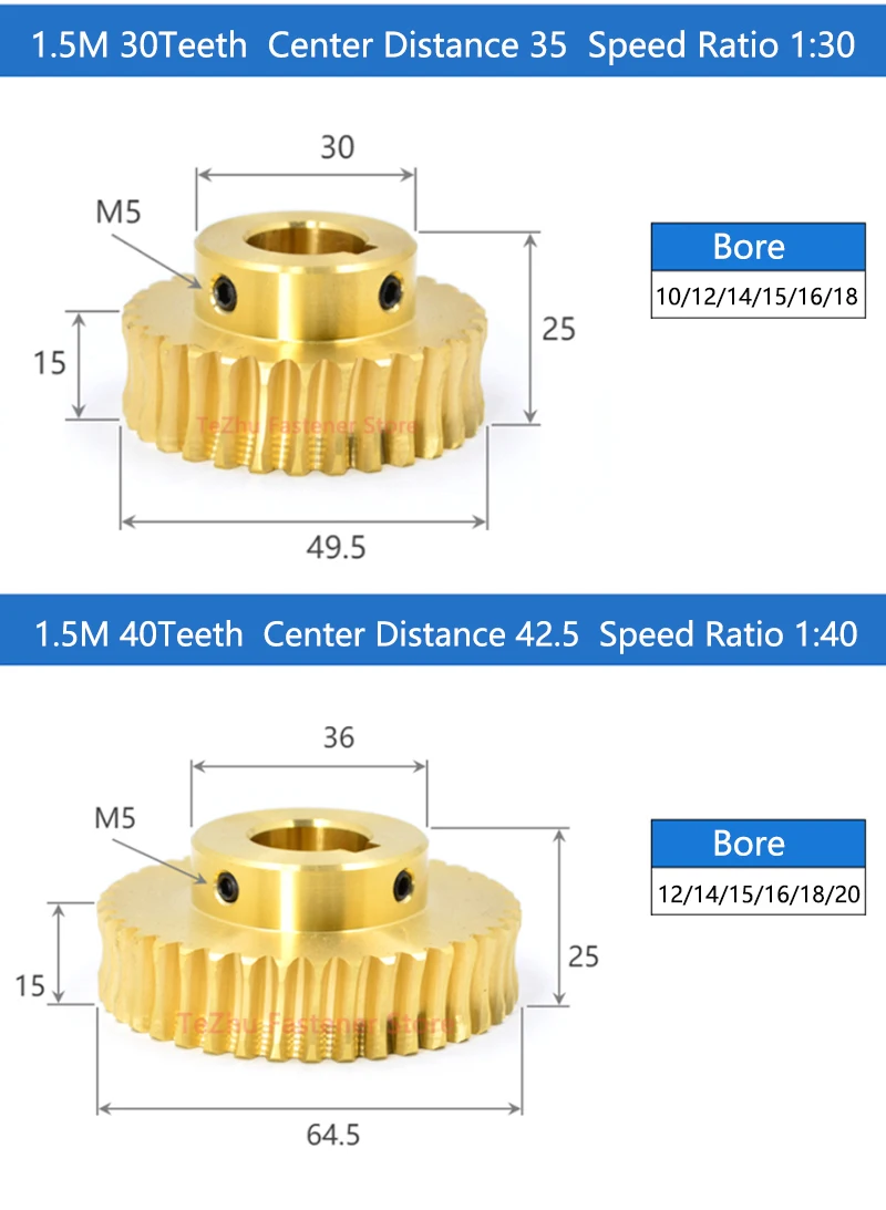 1pc 1.5M Brass Worm Gear 20 25 30 40 Teeth 1.5 Module Copper Turbine Speed Ratio 1:20/25/30/40 Bore 8 10 12 14 15 16 18 20mm