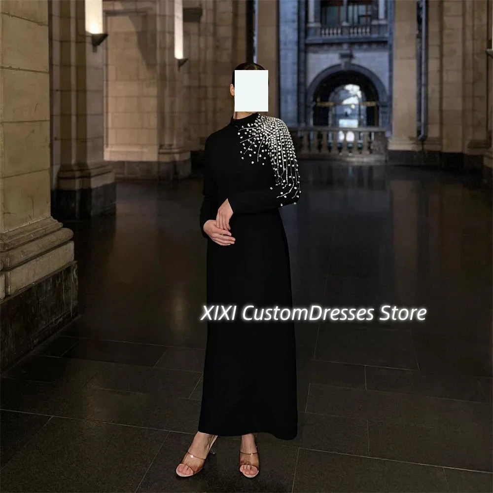 Customized Dubai Luxury فساتين سهرة Scoop Neckline Ankle-Length Beadings Formal Occasion Dresses Zipper Up Long Sleeves Prom Dre