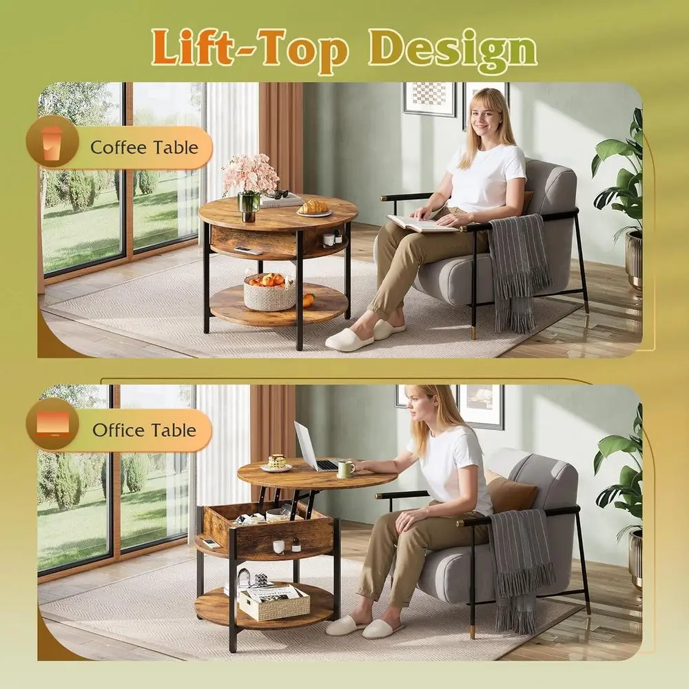 Farmhouse Style Lift Top Coffee Table with Storage and Hidden Drawer, 2-Tier Small Table for Living Space and Home Office, Rusti