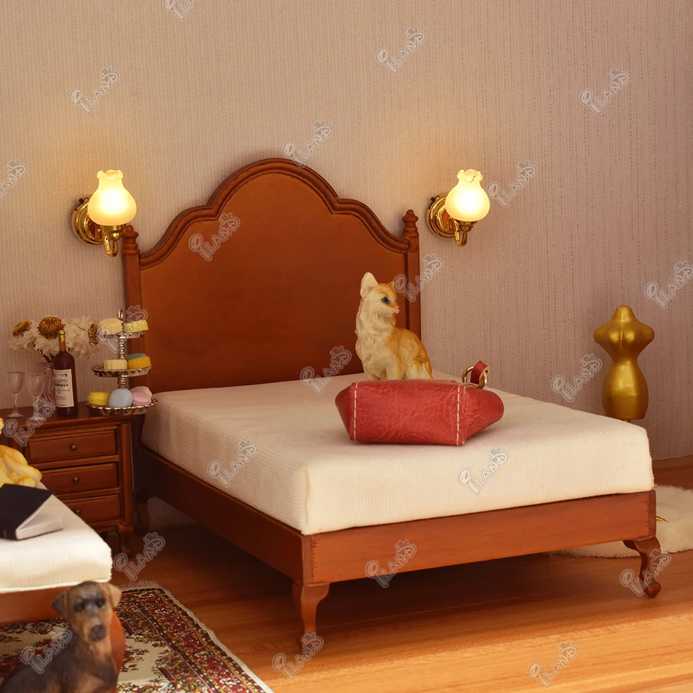 iLAND Wooden Dollhouse Furniture Vintageon 1:12 Scale Bedroom Bed Bedside Table Dressing Table  Upholstered Bench (Walnut 4pcs)