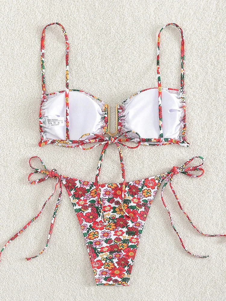 Sexy Floral Bikinis 2 Piece Set Women Laced Up Split Swimsuit High Waist Beach Bikinis 2026 New Summer Swimwear Bikinis Set