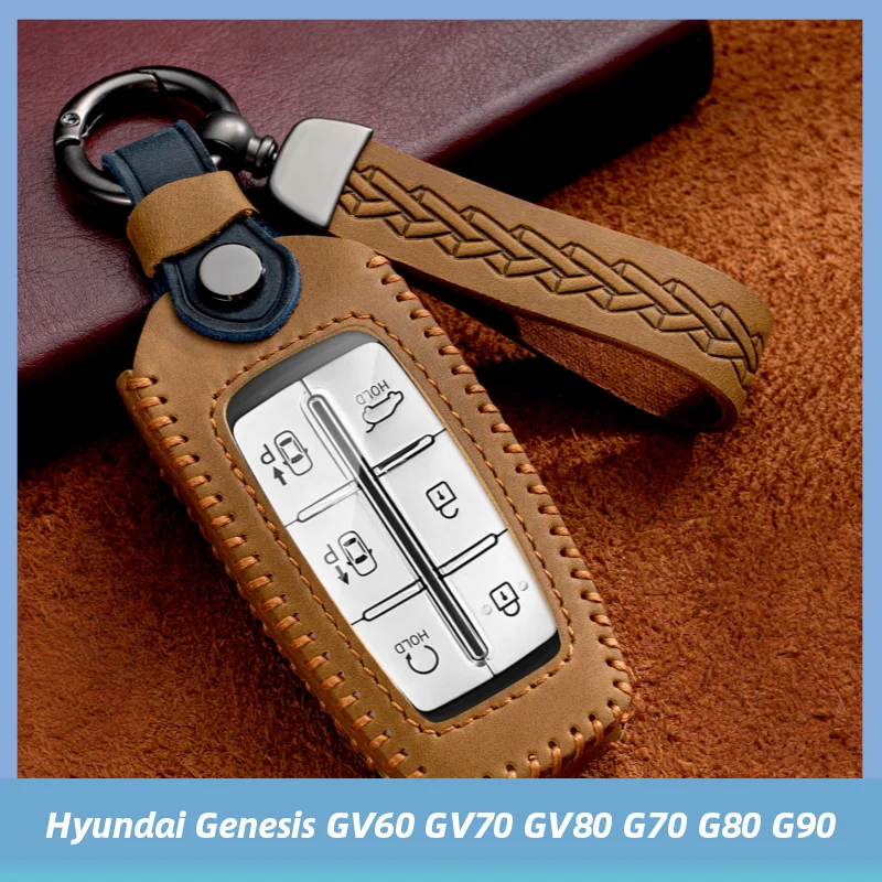 

For Hyundai Genesis Crazy Horse Leather Car Key Cover Case G80 GV70 GV80 2019 2020 Remote Key Holder Car Accessories Keychain