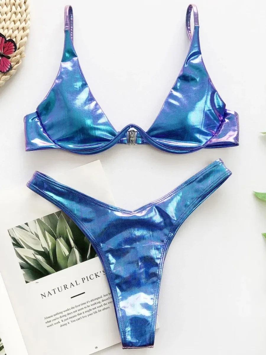Blue Gradient Shiny Bikini Women 2025 New 2 Piece Underwire Swimsuit Sexy V-neck Suspender Push Up Suspender Backless Swimwear