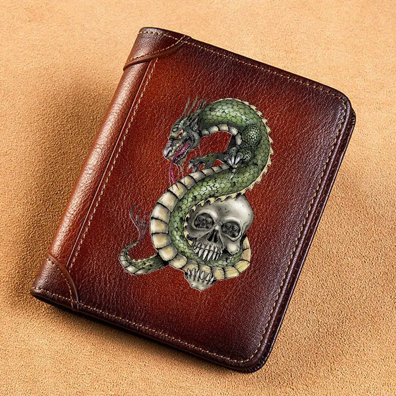 

Dragon Skeleton Skull Cover Genuine Leather Wallets for Men Vintage Short Multi Function ID Credit Card Holder Money Bag BK3956