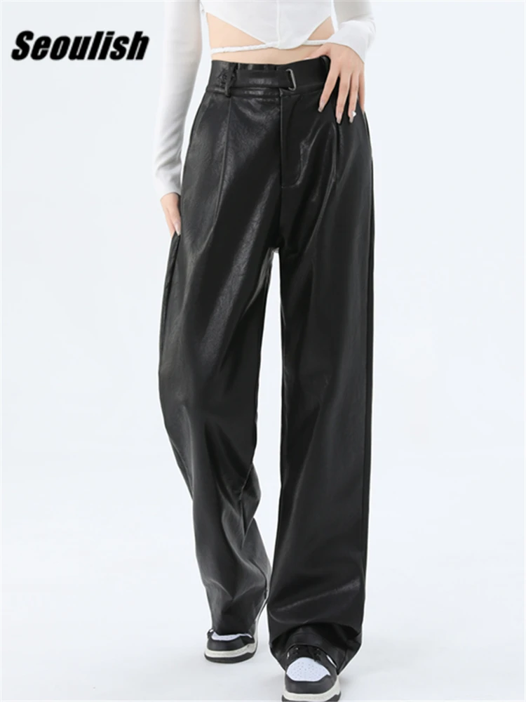 

Seoulish Autumn Winter Women's PU Leather Pants 2023 New Black High Waist Wide Leg Full Length Loose Pants Female Trousers