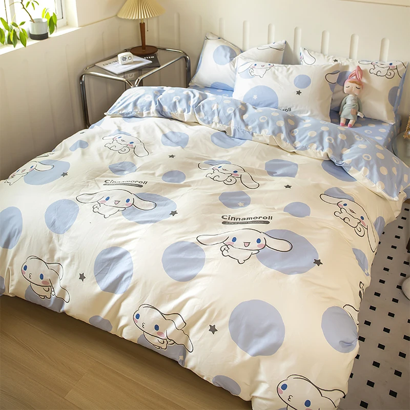 Sanrio 100%cotton Bedding Set Kuromi My Melody Cinnamoroll Duvet Cover Bed Sheet Pillowcase King Queen Twin Size Home Textile