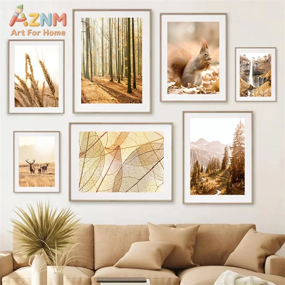 AZNM Autumn Forest Deer Fox Squirrel Wheat Mountain Canvas Wall Art Wild Animal Nature Poster Print for Living Room Home Decor U